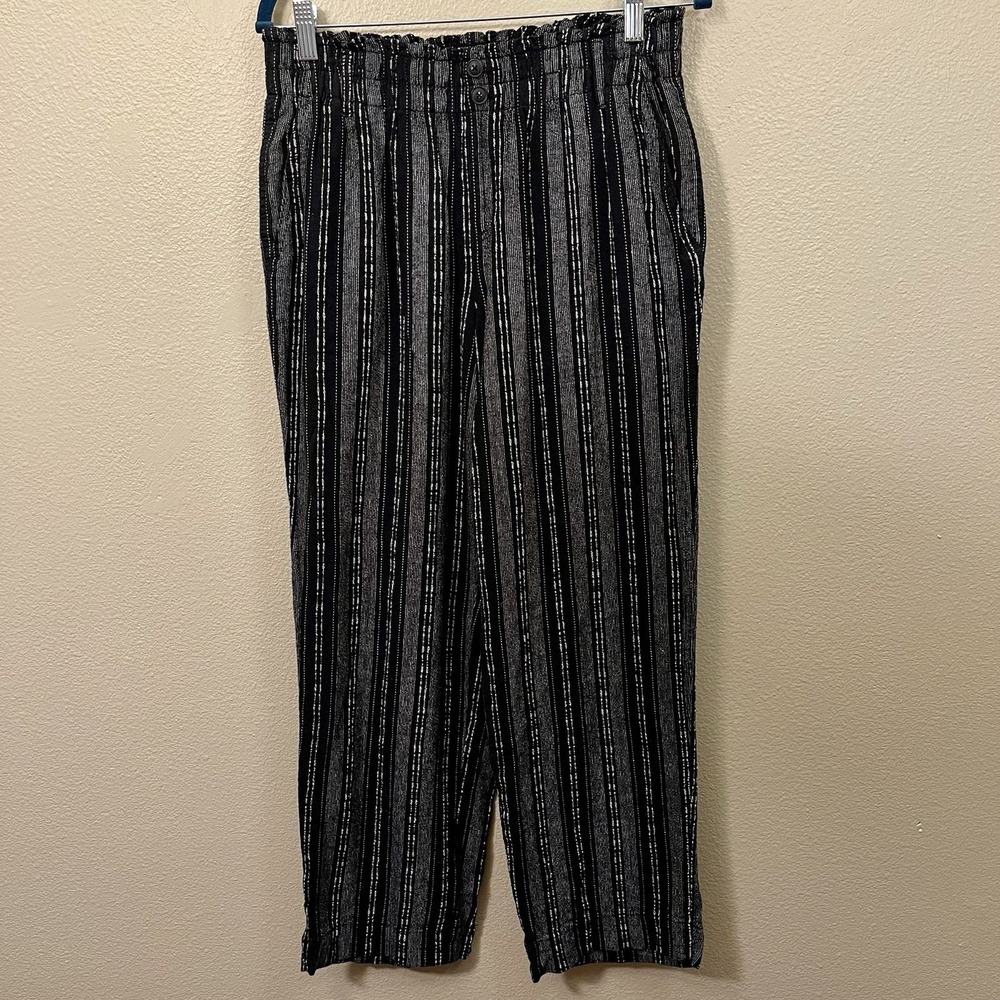 Briggs Wide Leg Ankle Pants‎ Pull On Linen Smocked Waist Striped Resort Sz M